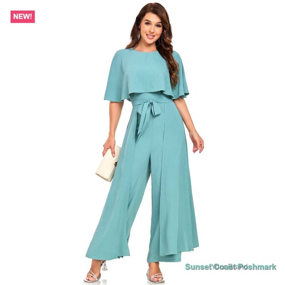 Cape Sleeve Belted Wide Leg Romper Formal Jumpsuit Polyester Blend